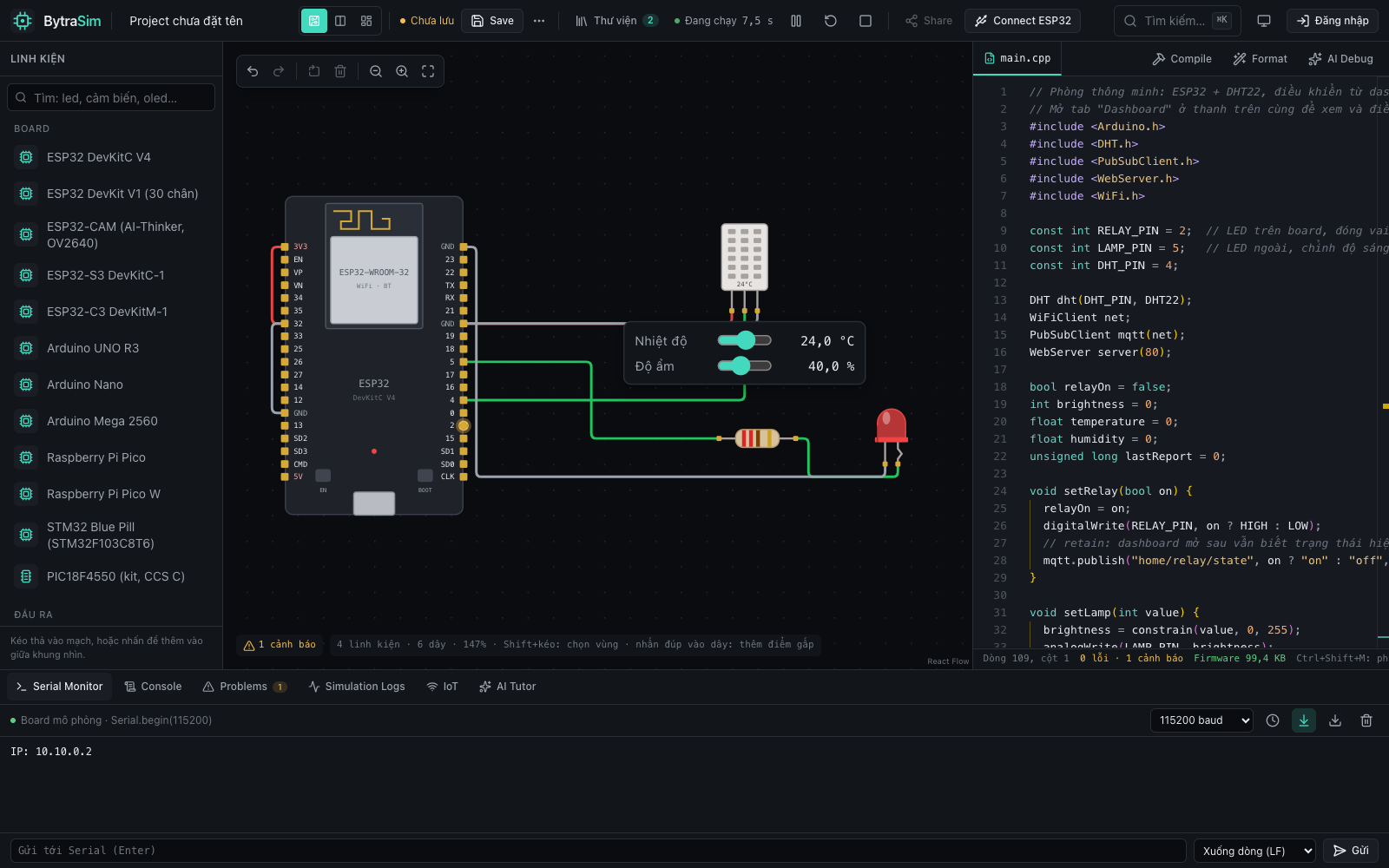 Lab của BytraSim: mạch ESP32 với DHT22 và LED bên trái, code Arduino bên phải, Serial Monitor bên dưới